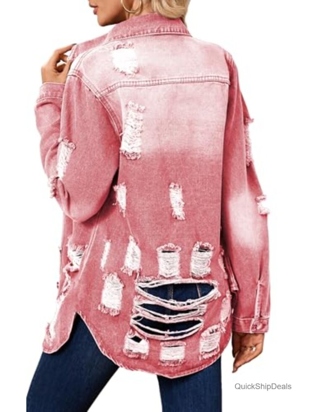 Long Denim Jacket Women Classic Trucker Ripped Oversized Jean Coat - Picture 5 of 5